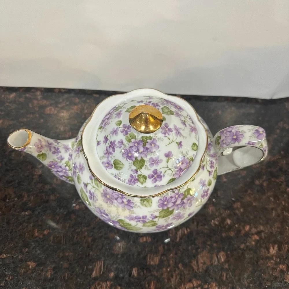 Victorias Garden Purple Violets Floral Porcelain Teapot Gold Trim China Glossy